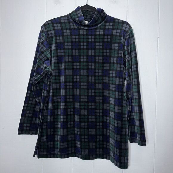 Talbots Women’s Velvet Plaid Mock Neck Top Long Sleeve Blue Green Size SP - Picture 1 of 5